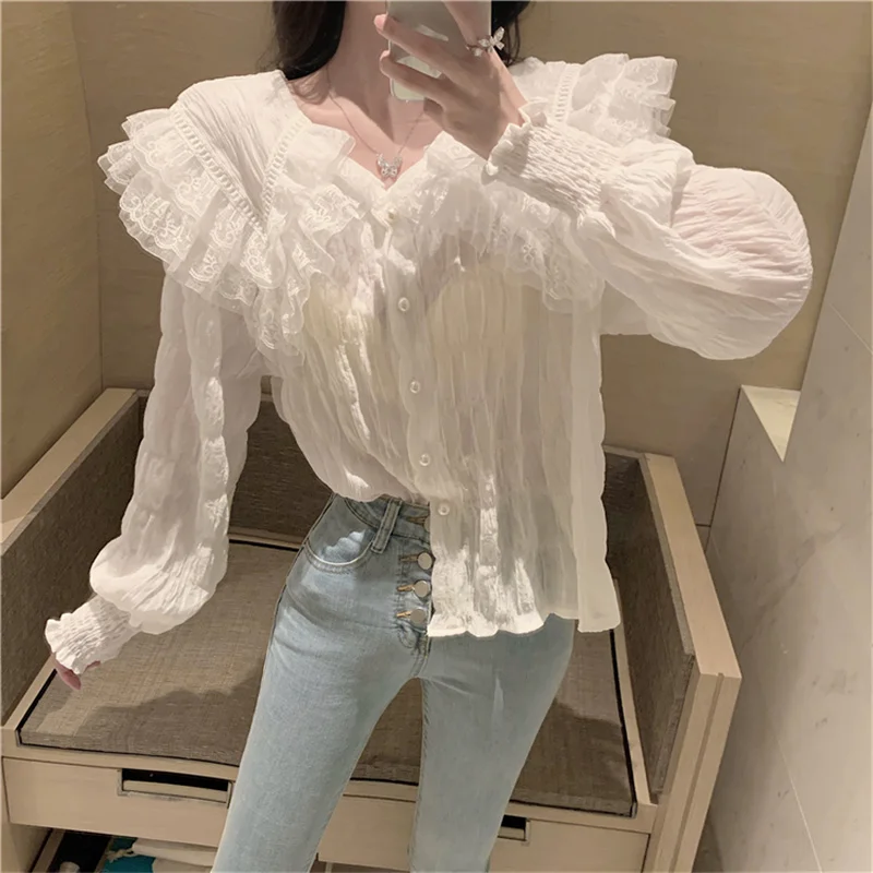 

Hzirip Single Breasted Lace Ruffles Shirt V-Neck Puff Sleeve Solid Women Blouses 2021 New Autumn Office Lady Fashion Elegant