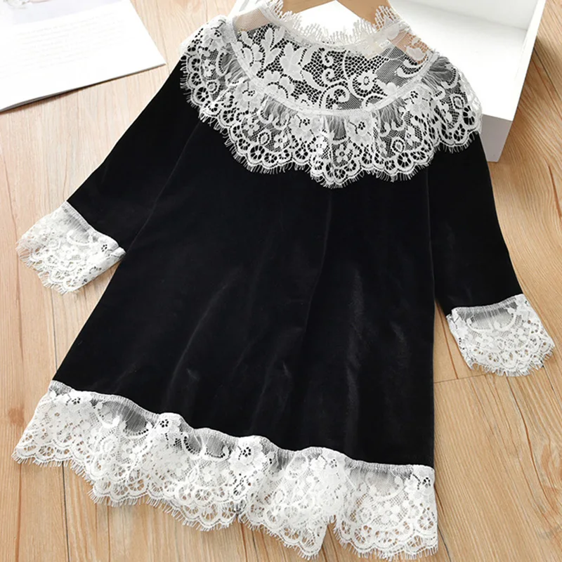 

2021 New Spring Autumn Gold Velvet Stitching Dress Lace Decoration Casual Dress Princess Dress Baby Clothes