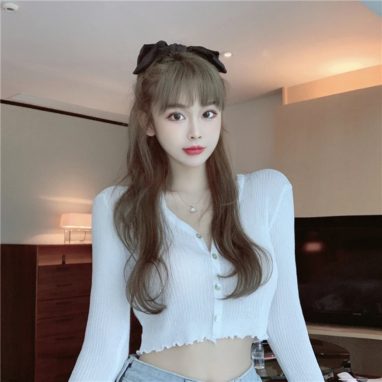 

Solid Flare Long Sleeve Knitted Cropped Cardigan Women Clothing Korean Casual Style Slim Crop Top V-neck Female Spring Autumn