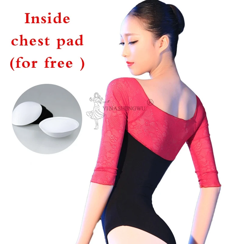 Женские черные кружевные танцевальные трико с рукавом три четверти балетные для