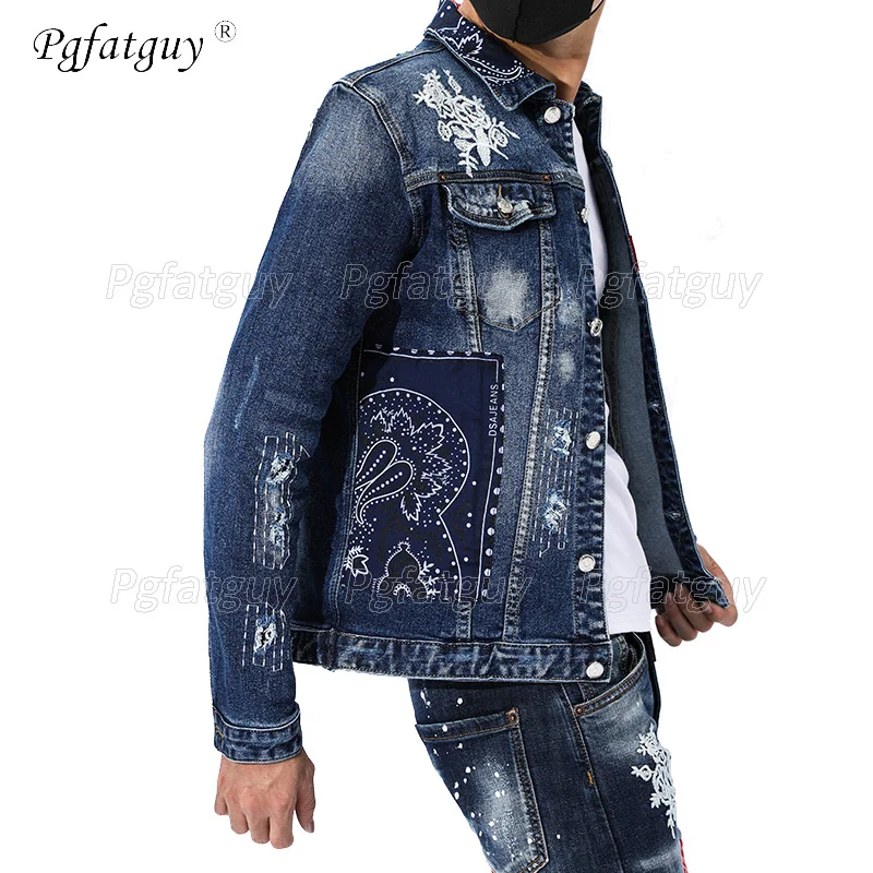

New Personality Men's Sets Spring Autumn Men's Hole Stitching Embroidery Ripped Jacket and Stretch Jeans 2 Piece Sets Streetwear