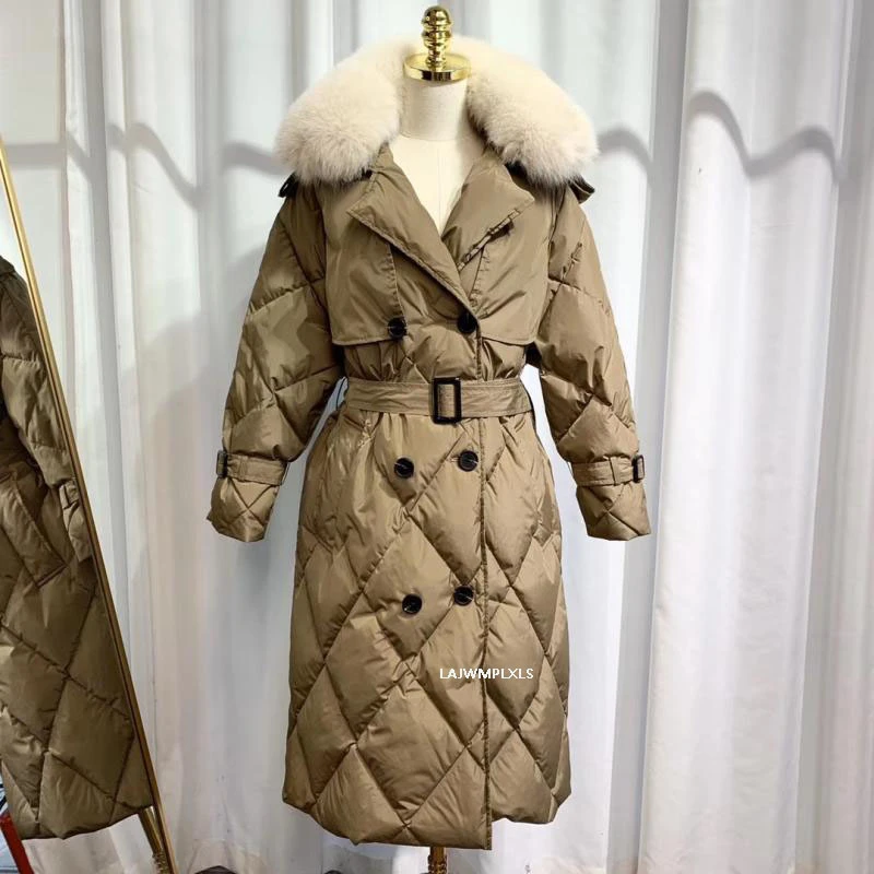 Женская парка с большим воротником из натурального меха длинная теплая на 90%
