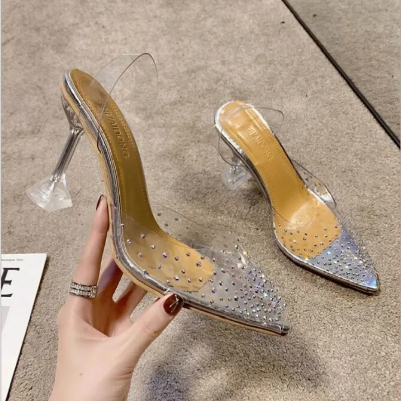 

Босоножки женские прозрачные, элегантные туфли на высоком каблуке, с кристаллами, пикантные вечерние Клубные туфли под костюм, лето 2021