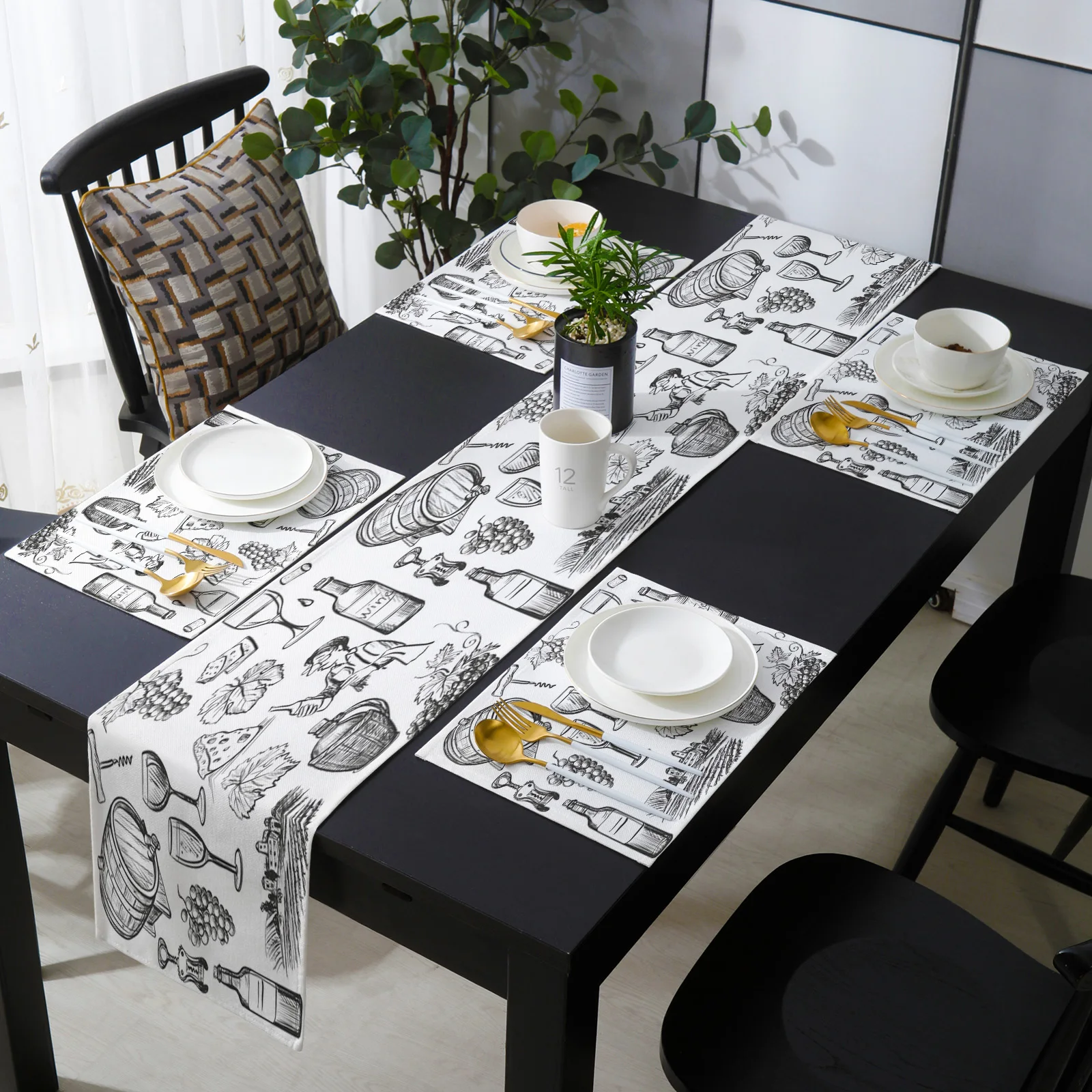 

Wine Bottle Hand Drawn Table Runner Set Tablecloth for Table Home Wedding Decoration Dining Table Runner