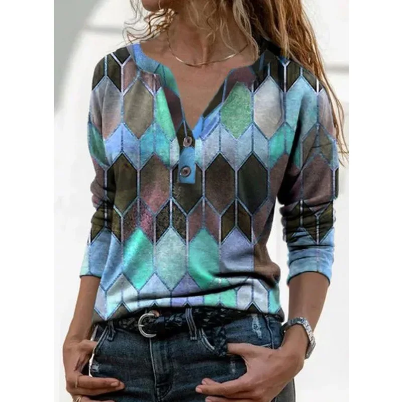 

2021 Europe and the large size women decoration V-neck women's top print zipper T-shirt turn collar long-sleeved T-shirt woman