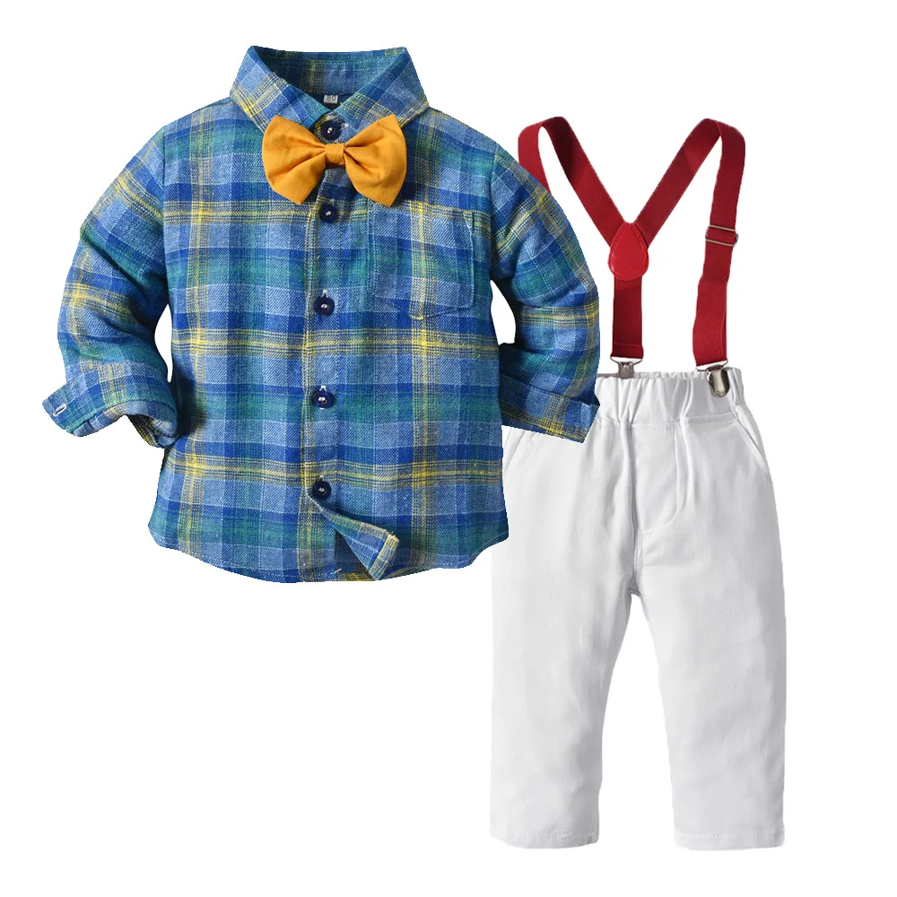 

New Korean children's clothing cross-border boys autumn suits long-sleeved brushed plaid shirt suspenders trousers