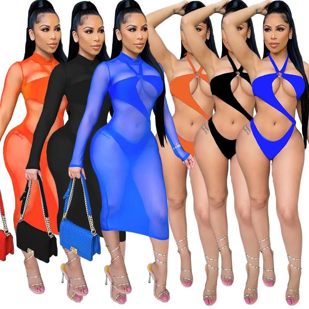 

New Summer Beach Mesh See Though Midi Dress with Bodysuit for Women Swimsuit Sexy Bikinis Set Matching Two 2 Piece Set