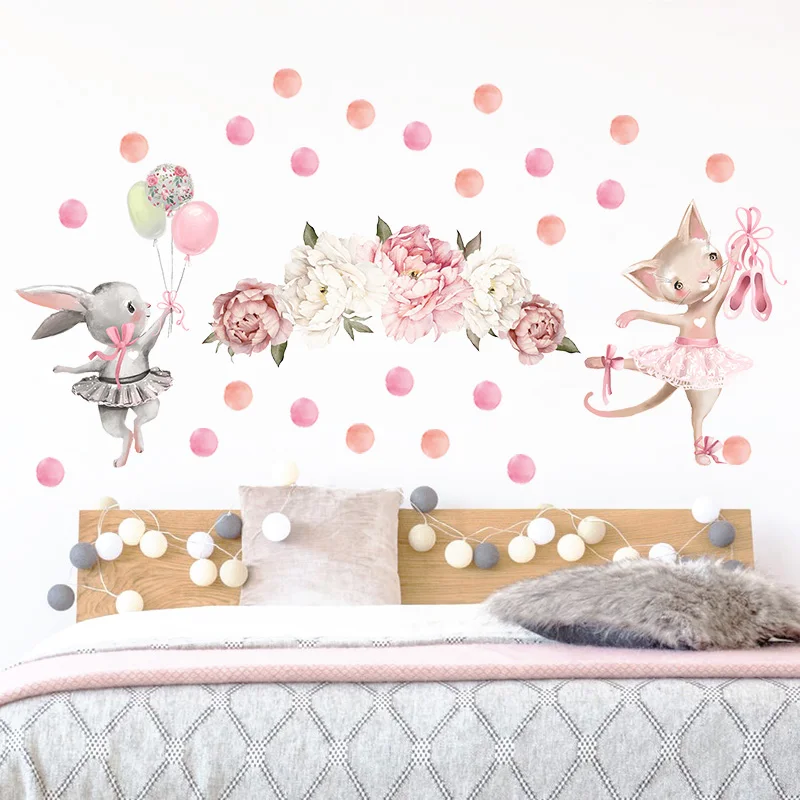 

Набор водных наклеек в горошек с кроликом и котом, настенные Стикеры для детской комнаты, настенные наклейки, декор гостиной