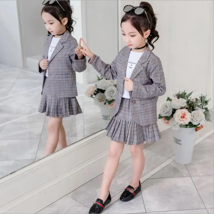 Весенняя одежда для девочек деловой костюм клетчатые пальто и юбка комплекты