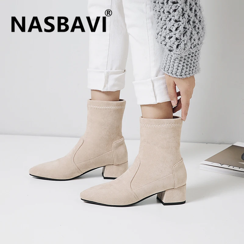 

Women elastic fabric flock ankle Boots suede boots fashion Handmade Classic pointed toe short plush all-match Leisure boots