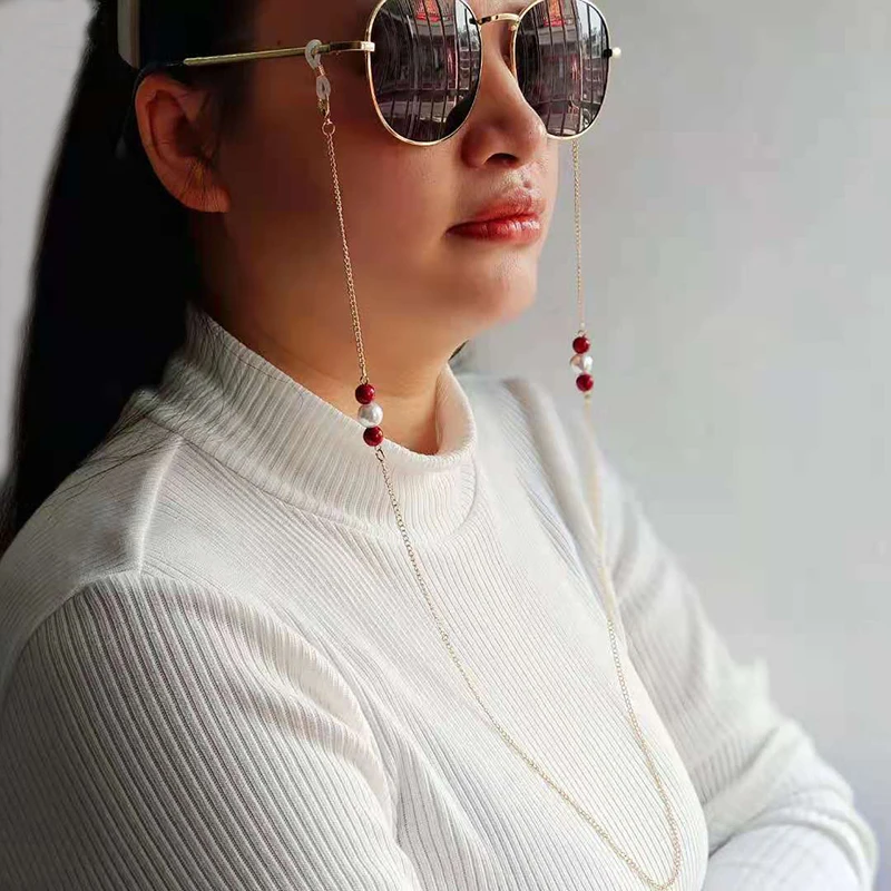 

Eyeglass Chain White Red Beads Plastic Pearl Charm Lobster Silicone Loops Women Outside Sunglasses Accessory