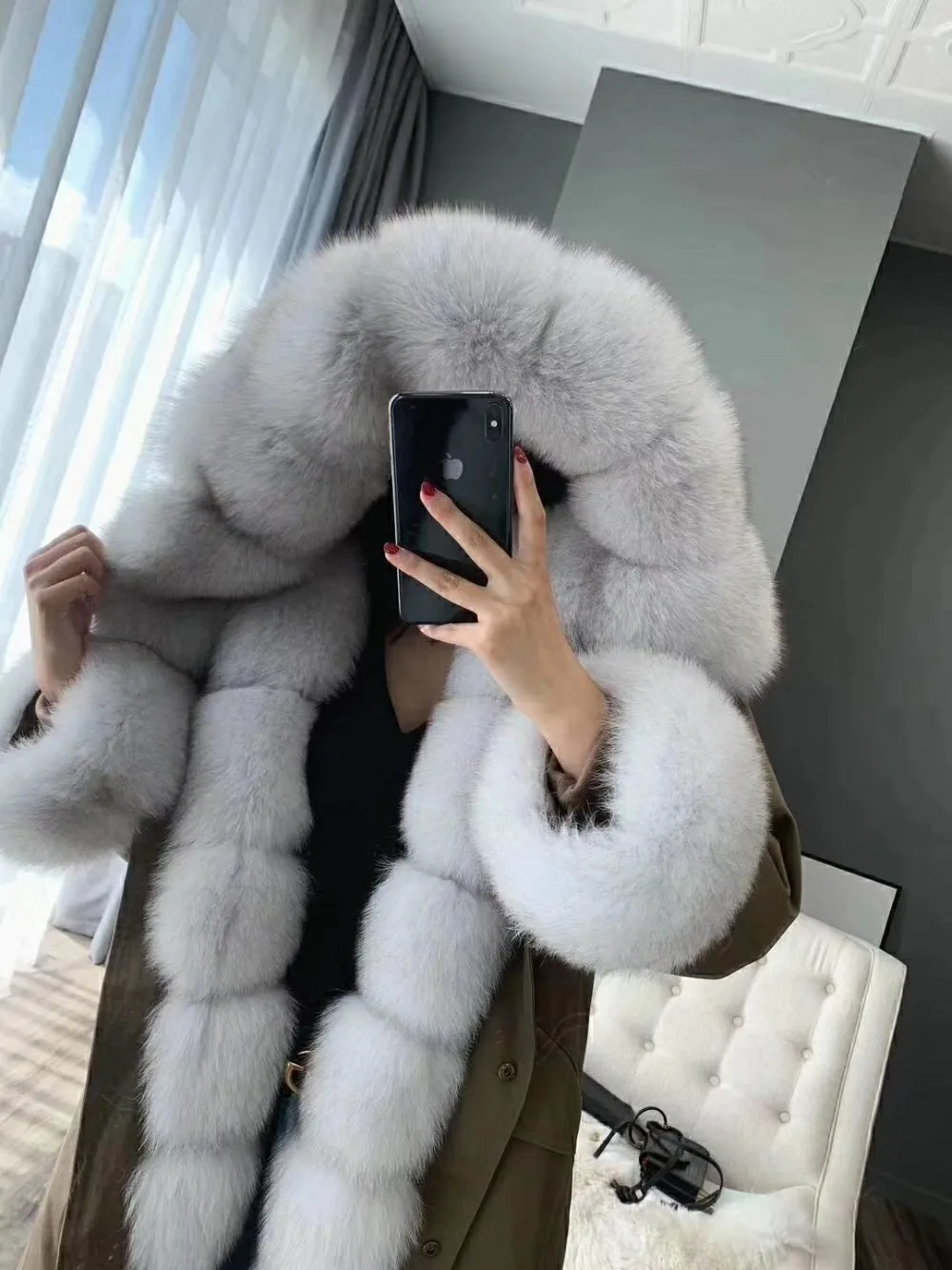 Пальто из натурального меха зимняя куртка женская длинная парка натуральный Лисий меховой капюшон, воротник Рекс подкладка из кроличьего меха Съемная уличная