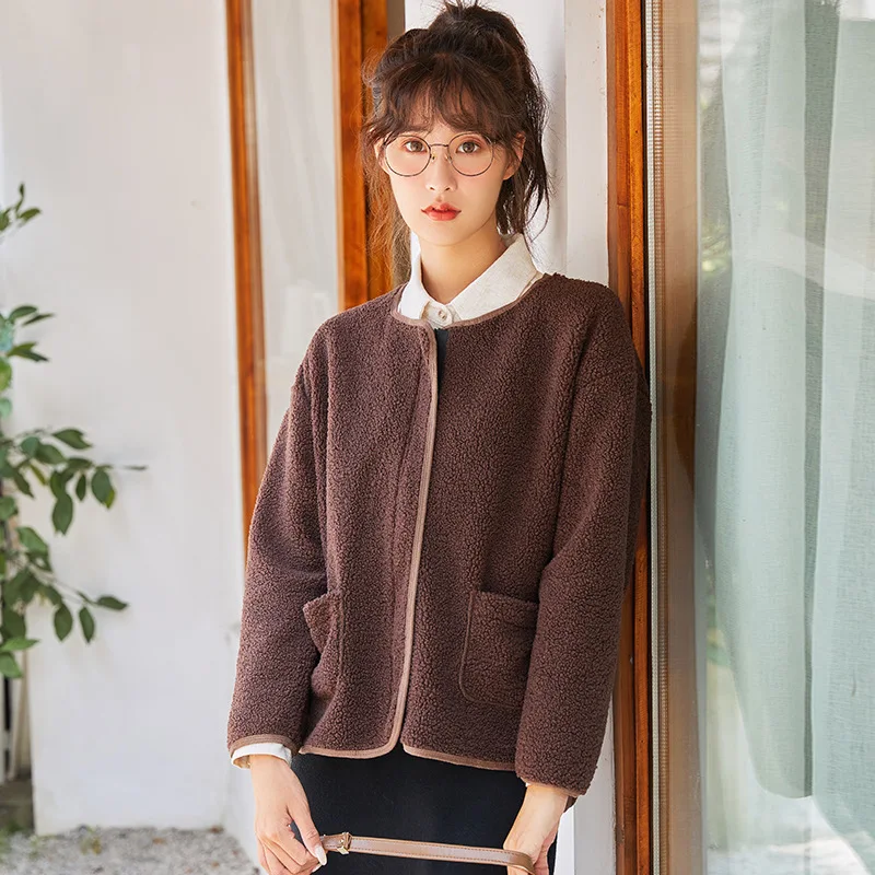 

Lamb Coat Collarless Zipper Cardigan Solid Color Loose Short Velvet Light Warm Pocket Small Fragrance Short Jacket Autumn Winter