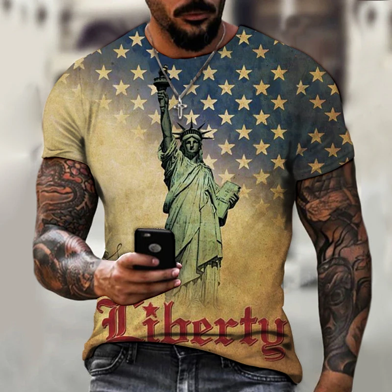 

2021 New design of American flag mosaic pattern printing men's 3D printing T-shirt Street trend retro fashion casual T-shirt