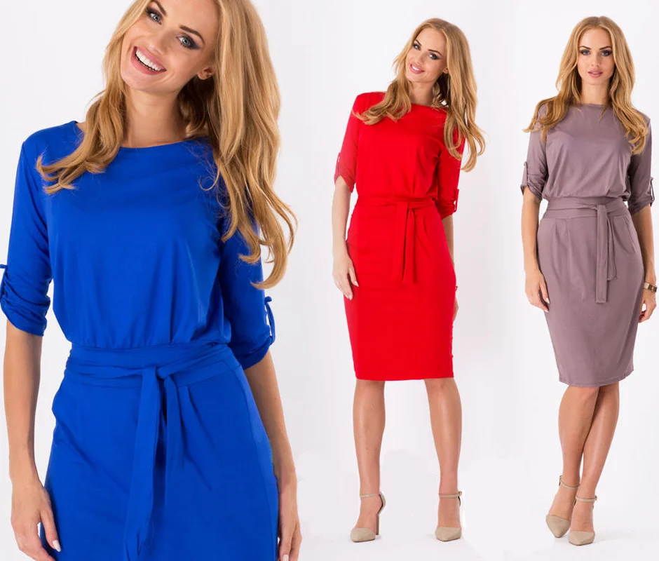 

Summer Women Dress Fashion Belt Lace Decoration Solid Color T-Collar dress Slim Temperament Dress Girl Beach Dress