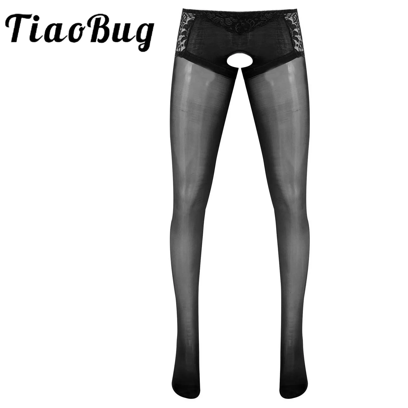 

Lingerie Sissy Pantyhose Mens Crotchless See Through Lace Patchwork Stretchy Long Pants Leggings Sheer Stockings Nightwear