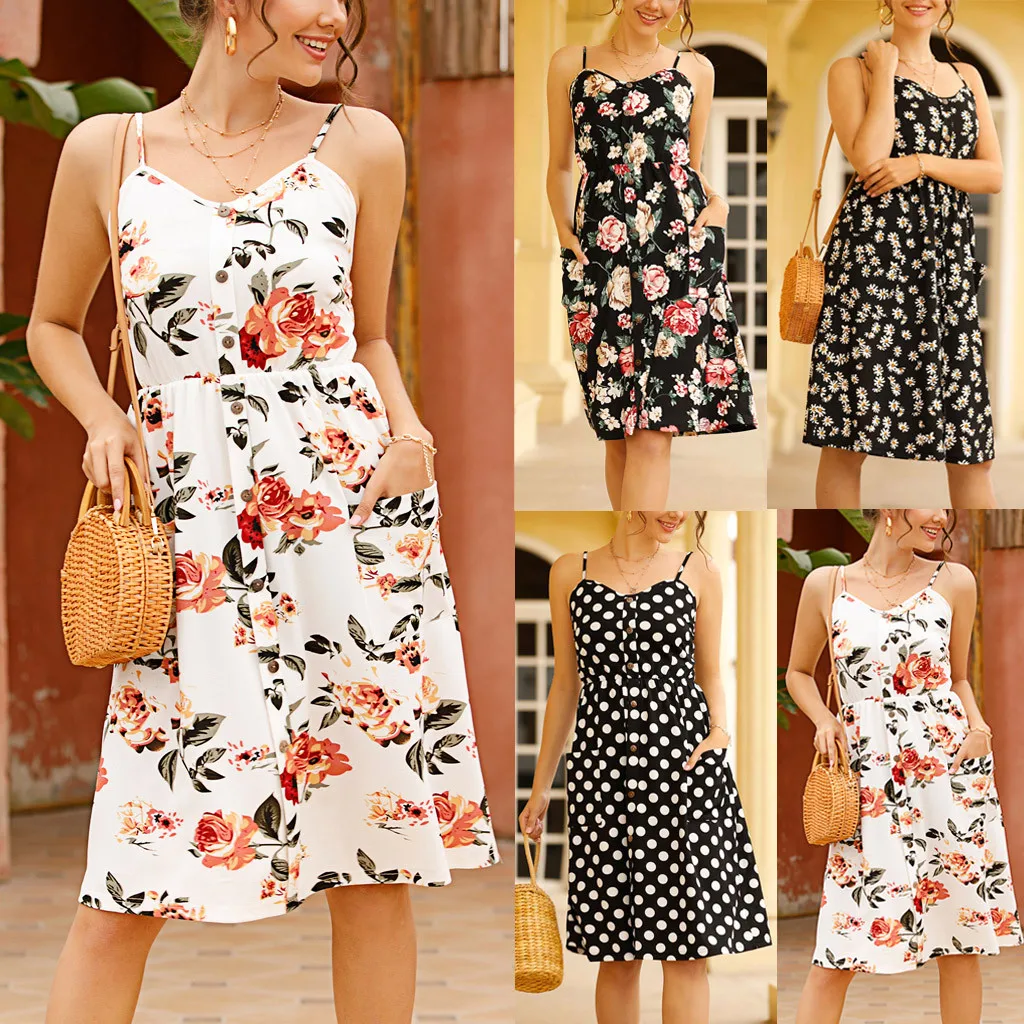 Женское платье модное Повседневное без рукавов с цветочным принтом и v-образным