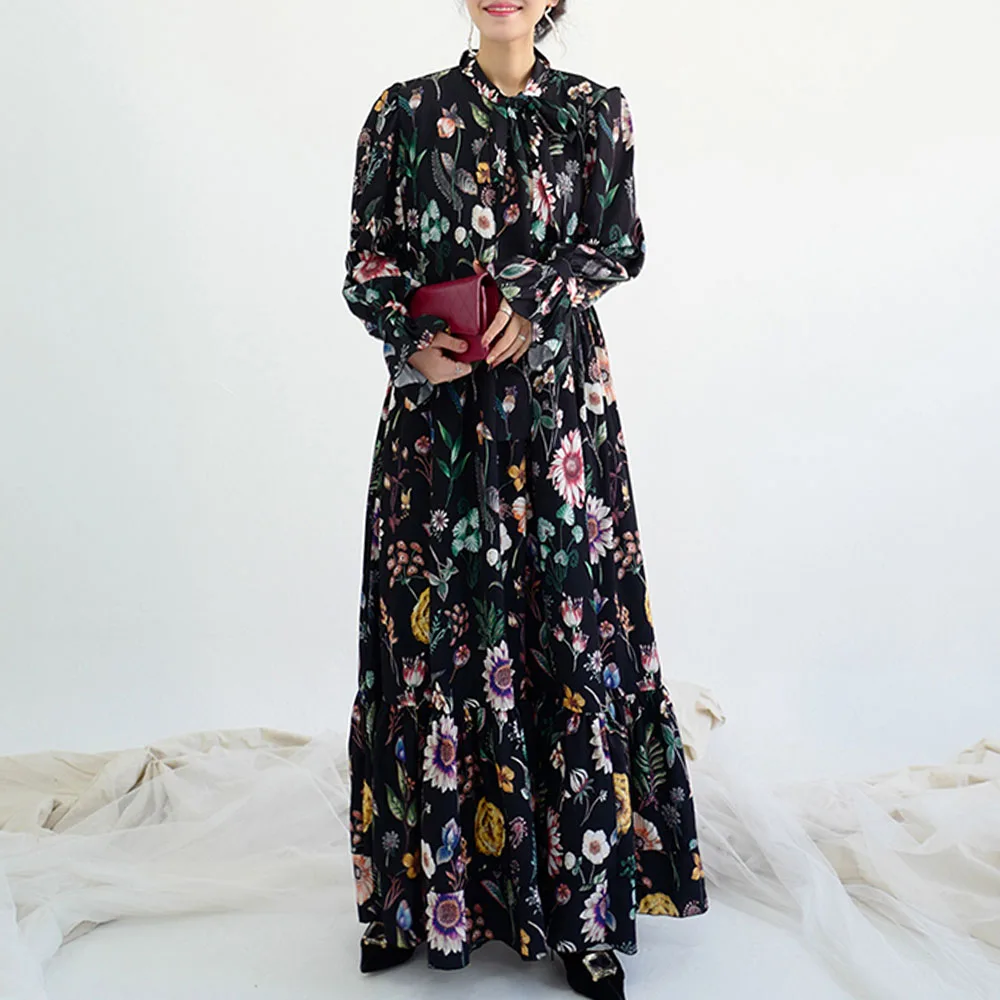 Женское платье с цветочным принтом Boho винтажное черное элегантное макси длинным