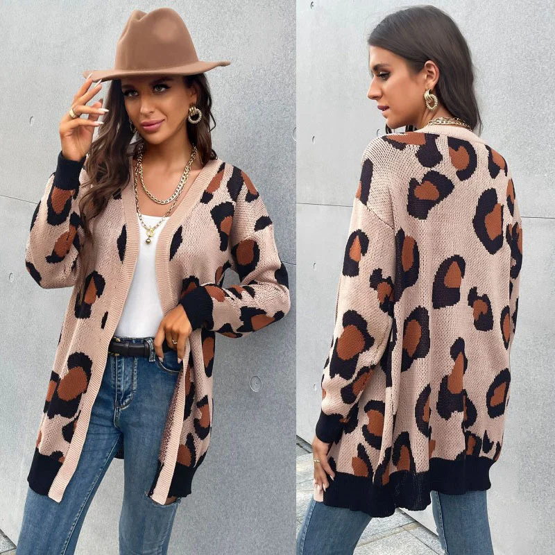 

Autumn 2021 New Women's Wear Medium And Long Leopard Cardigan Knitted Sweater Coat Women Fashion Tops