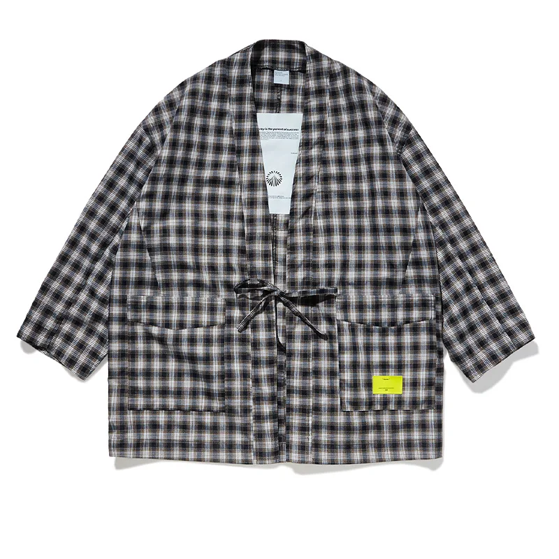 Kimono shirt UNCLEDONJM комплект из 2 предметов для мужчин в стиле хип-хоп, мужской комплект в клетку, три четверти, кимоно, рубашка и брюки в японском стиле, мужские костюмы оверсайз, A49/A50 - Цвет: Kimono shirt