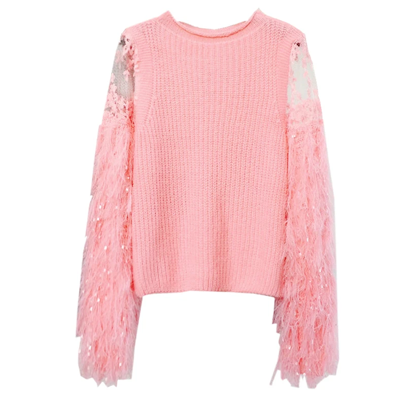 Spring and Autumn New Sweet Super Fairy Top Round Neck Pullover Long Sleeve Knitted Fringe Lace Panel Mohair Sweater | Женская одежда