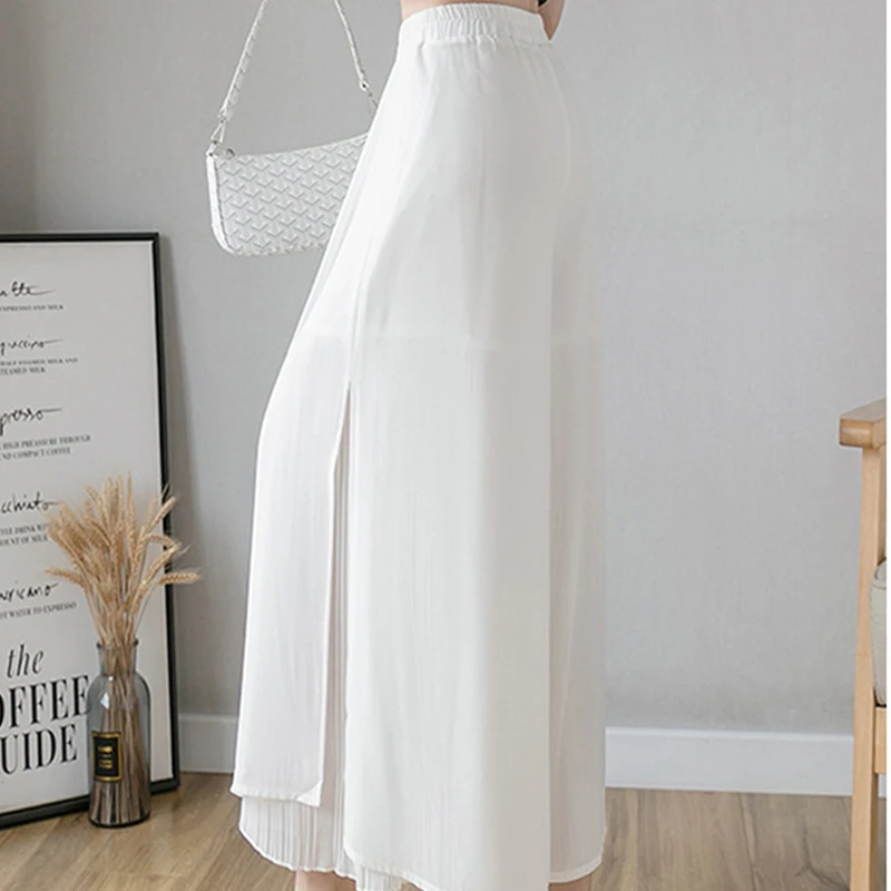

2021 spring and summer new style Korean pleated chiffon trousers large size elastic waist casual pants hakama Woman trousers