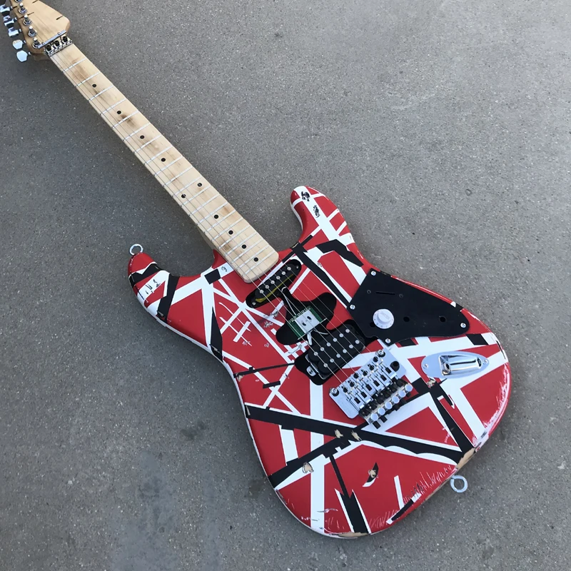 

Free shipping/Eddie Van Halen/Red Frankenstrat Electric Guitar/Heavy Aged Franken guitar/White black red Stripe