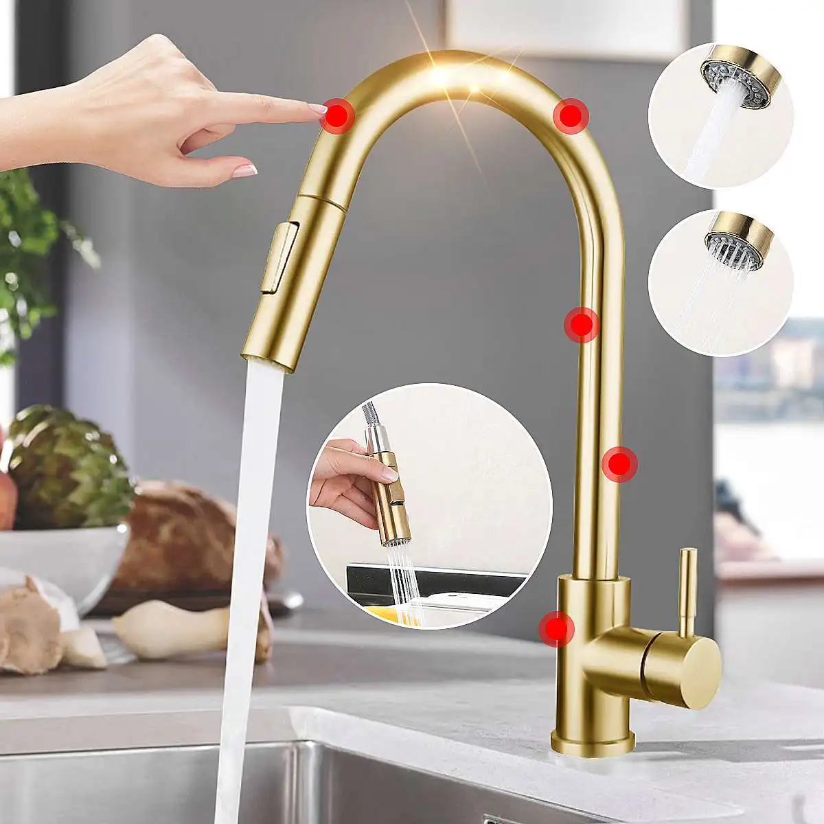 

Pull Out Golden Sensor Kitchen Faucets Stainless Steel Smart Induction Mixed Tap Touch Control Sink Tap Torneira Cold And Hot