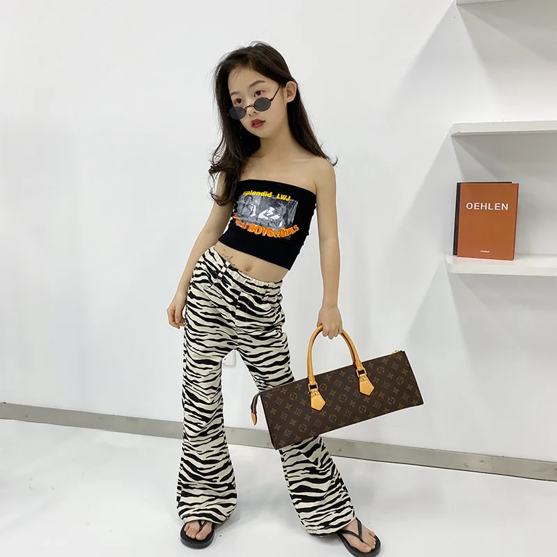 Брюки с принтом зебры для девочек Новинка Весна 2021 повседневные брюки-клеш в