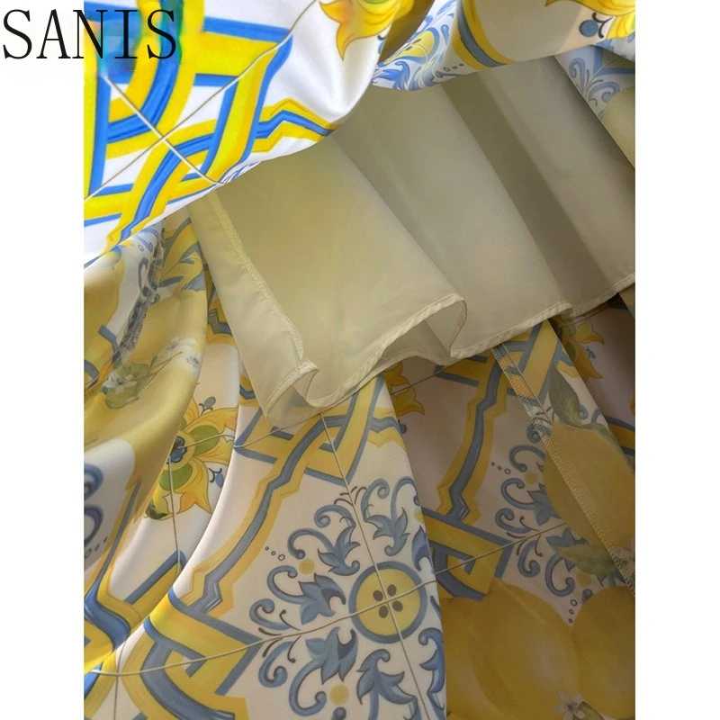 

Sanis 2021New Runway Fashion Summer Long Dress Women's Beaded Yellow Painted Pottery Lemon Print Holiday Maxi Dresses