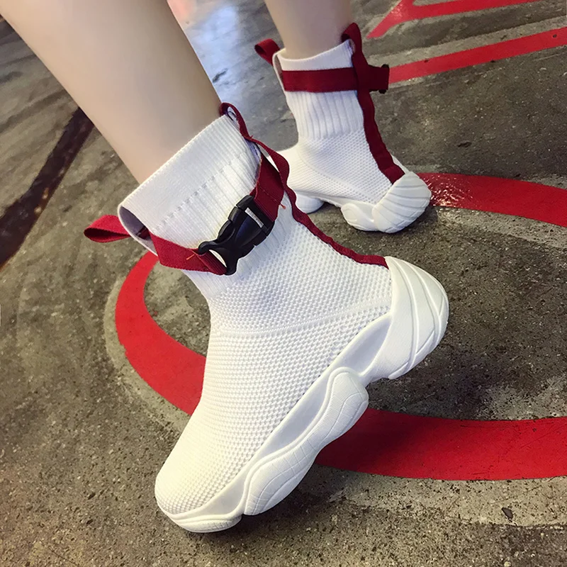 Высокие кроссовки женская обувь на плоской подошве без застежки женские носки