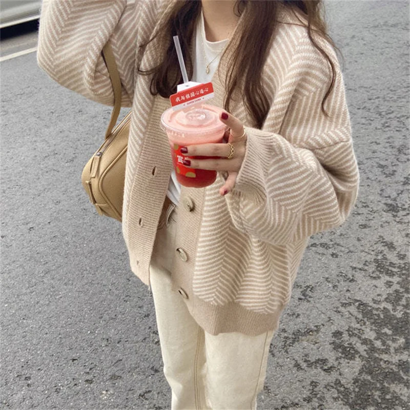 Весенний женский кардиган свитера винтажный полосатый однобортный жакет с