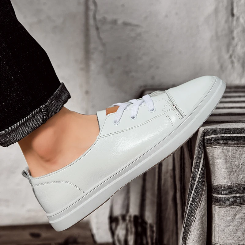 

Кроссовки мужские из натуральной кожи, классические, на шнуровке, летняя Удобная Уличная обувь, плоская подошва, белые