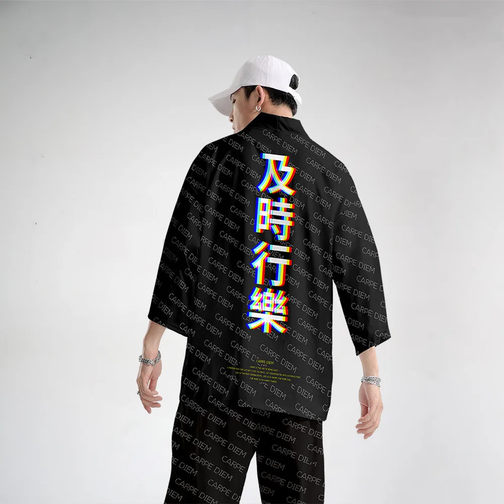 

Кимоно и штаны мужские в японском стиле Харадзюку, комплект одежды из 2 предметов, хаори с принтом, кардиган, юката, шаровары, лето