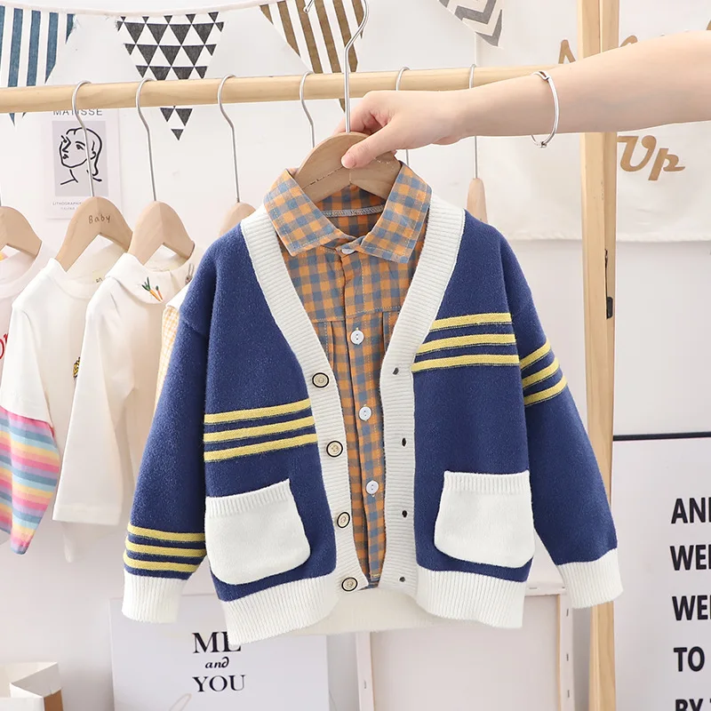 

Kids Baby Boys Cardigan Sweaters Spring Autumn For Girls Hit The Color Stripe Jacket Children Knitted Fashion Single-Breasted