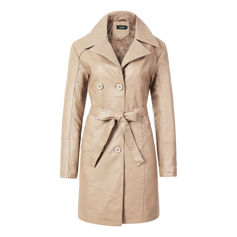 

New Women Leather Jacket Elegant Fur Double Breasted Waistband Long PU Leather Jacket Fall Winter Lady Plus Velvet Abrigo Mujer