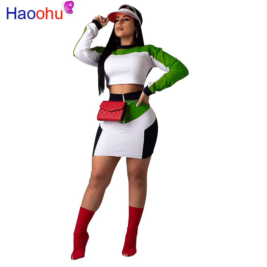 

HAOOHU new women o-neck long sleeve splicing top zipper up midi mini skirts suits two piece set sporting tracksuit outfit