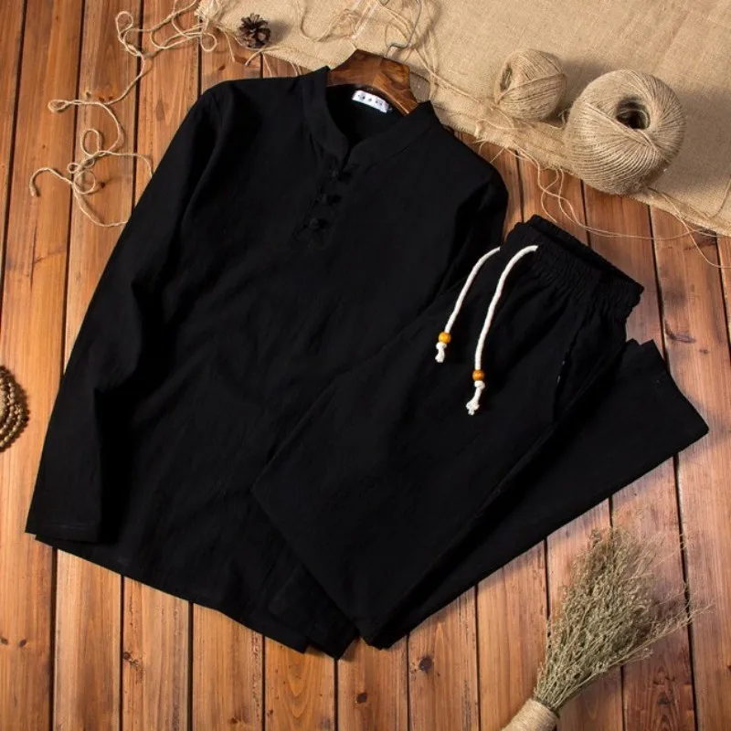 

Mens Casual Long Sleeve Top Loose Set Lace Up Pantsuit Tracksuit Vintage Cotton Linen Harajuku Plus Size Men Two Piece Outfits