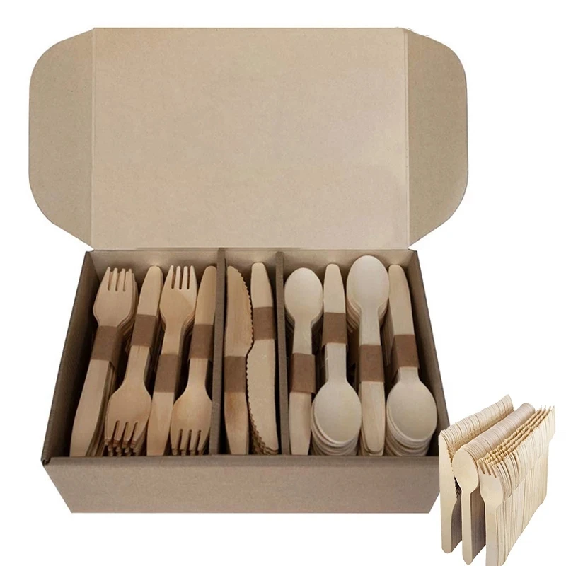 

300Pcs Disposable Wooden Cutlery Set Home Party Dessert Spoons Knives Forks Dining Tableware