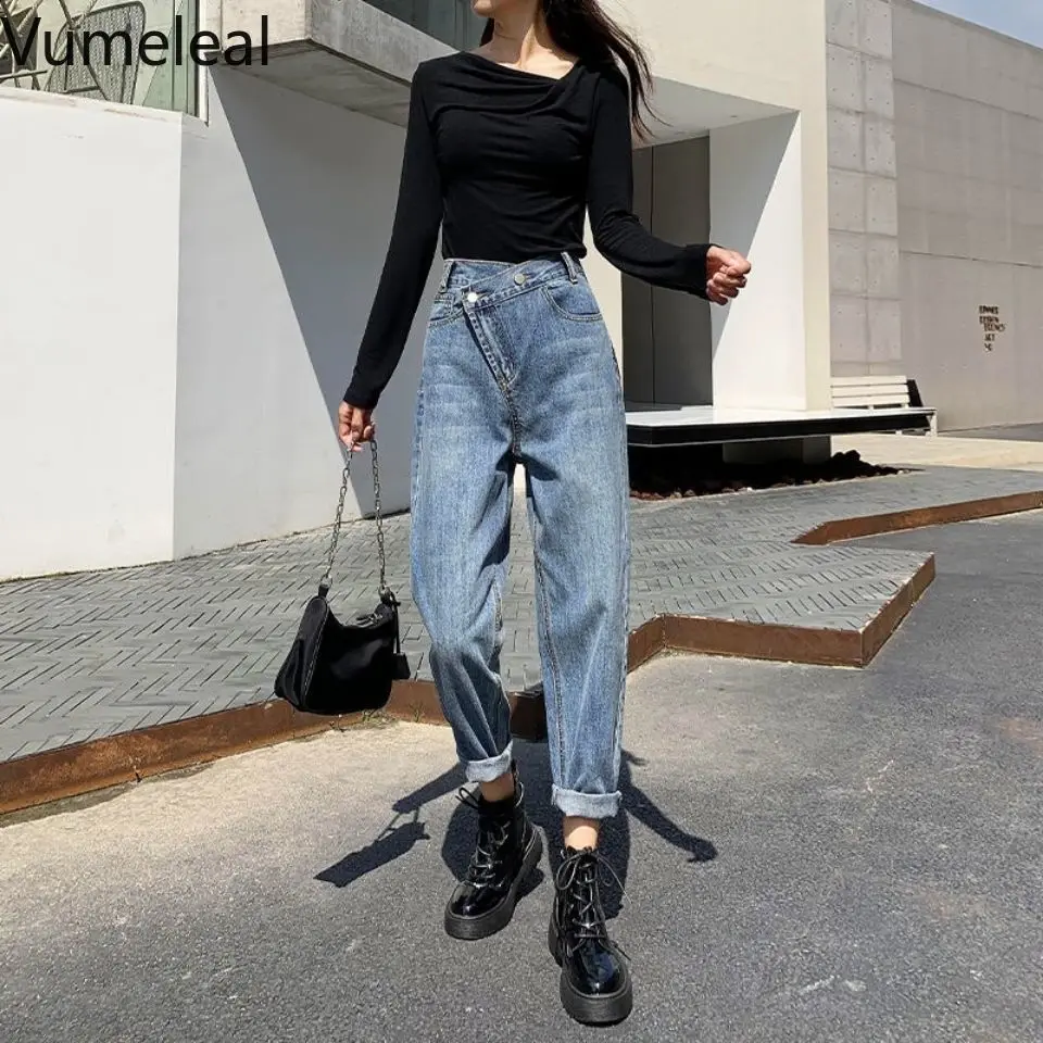 

Jeans Women Loose 2021 New Fall High Waist Show Thin Irregular Go with Harlan Radish Dad Pants Trend High Waisted Jeans Woman