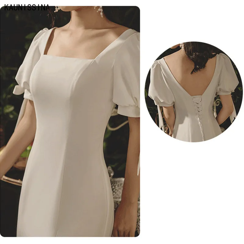 

KAUNISSINA Elegant Square Collar Satin Mermaid Wedding Dresses Women Bow Puff Sleeve White Sweep Train Corset Bridal Dress Robe