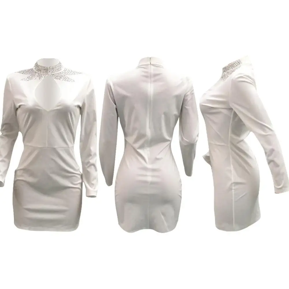 Summer Dress Women Fashion vestidos Solid Color Hollow out Stitching Diamond Print Long Sleeve Sexy Skinny Party vadim | Женская одежда