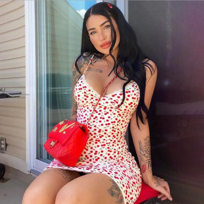 

URIFENS Dresses For Women 2021 New Slash Neck Cherry Print Strap Summer Dress Casual Backless Sexy Lace Dresses Vestidos LT19U