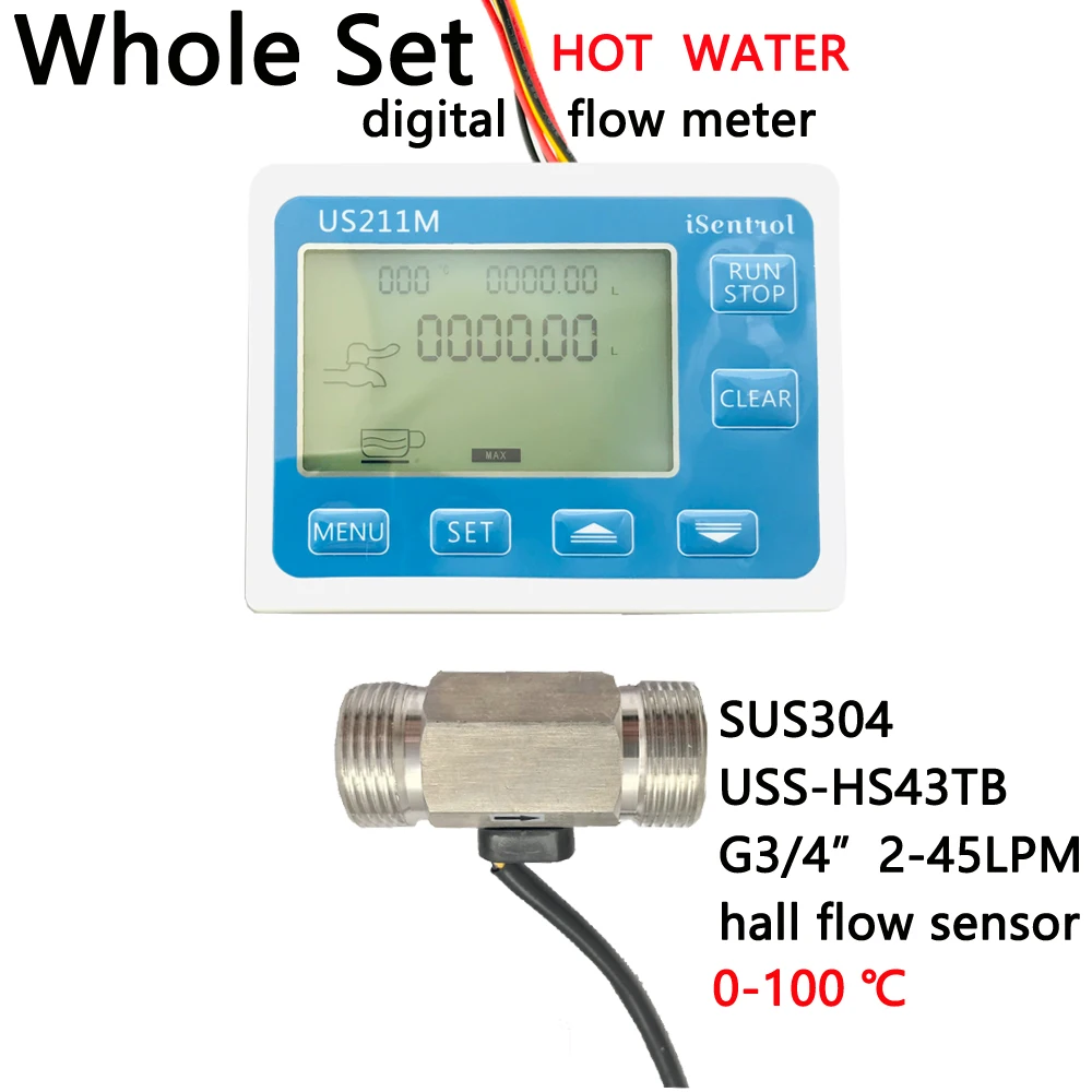 

HOT Water US211M Digital Flow Meter Totalizer with SUS304 Flow Sensor USS-HS43TB G3/4" Hall Flow Sensor 2-45LPM iSentrol