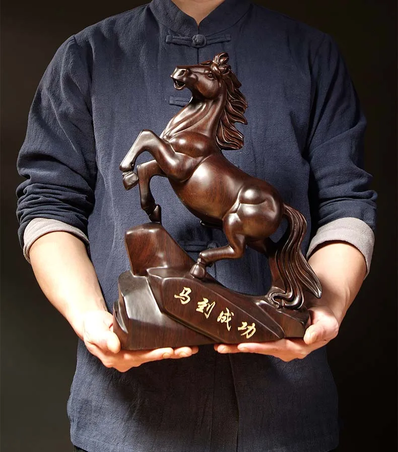 

38CM Large-GOOD-2021 HOME office Spiritual efficacious Mascot # Success horse Handmade Rosewood carving FENG SHUI ART statue