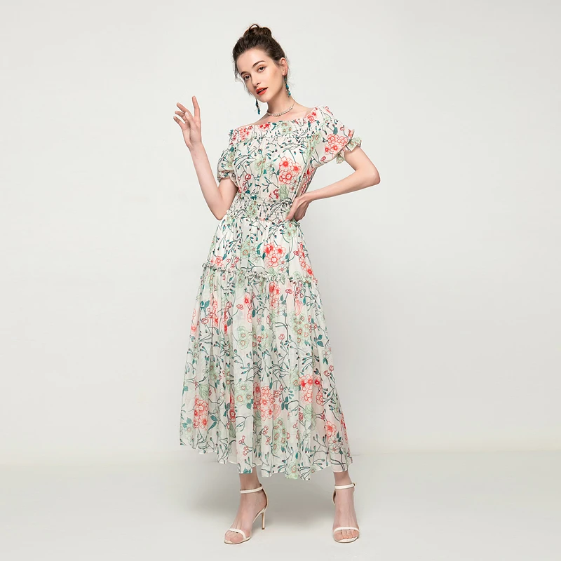 

Midi Dress Milan Runway Designer High Quality Summer New Women's Fashion Party Sexy Elegant Slash Neck Chiffon Print Dresses