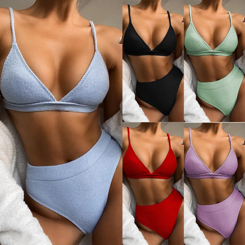 

Sexy Bikini Swimwear 2021 Summer Women High Waist Swimwear Set Solid Color Bikini Pad Swimwear Swimsuit Beachwear Set