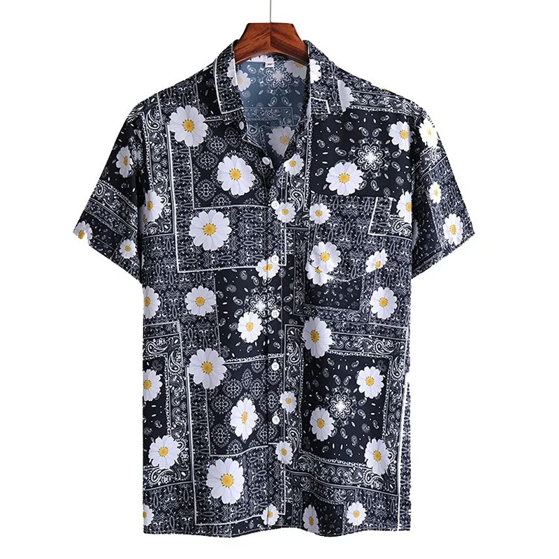 

European and American men's short-sleeved shirt Summer slimmed-down men's loose short-sleeved small daisy printed top