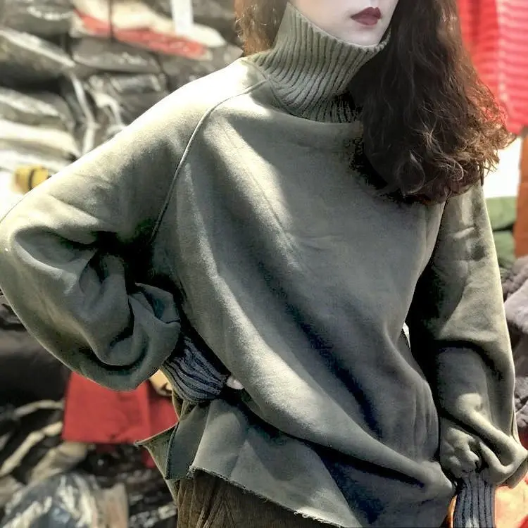 

Spring/Autumn Korean Women Turtleneck Hoodie Puff Sleeve Sweater Collar Harajuku Fairy Offiec Lady Elegant Vintage Woman Hoodie