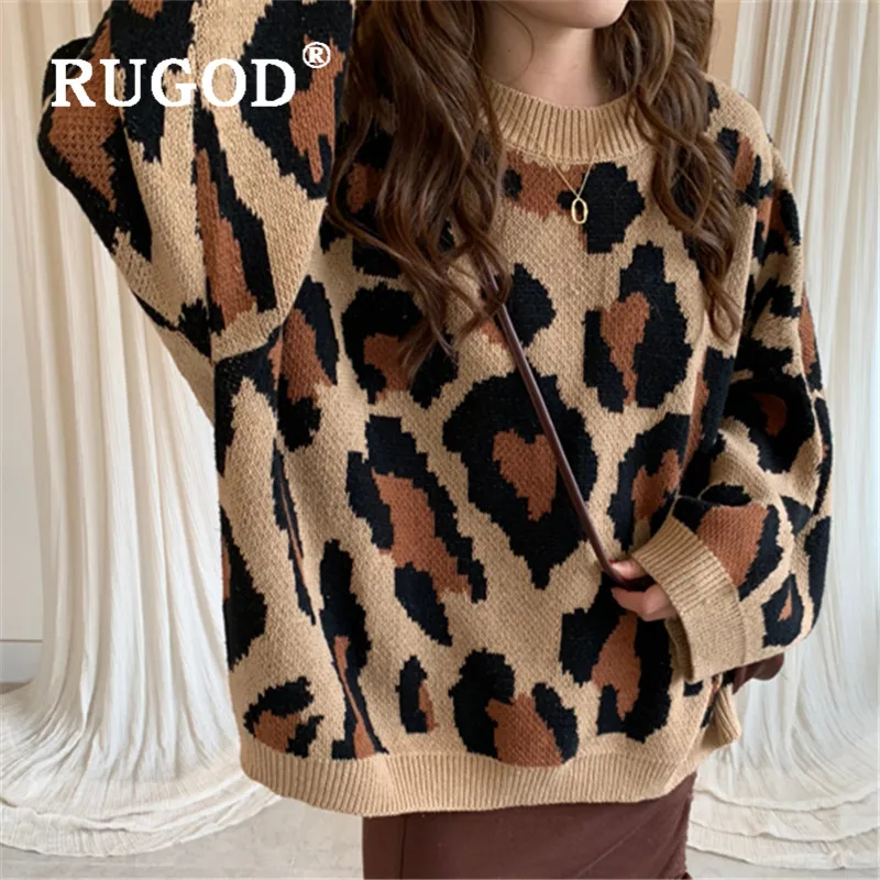 RUGOD 2019New женский леопардовый вязаный свитер с круглым вырезом свободный пуловер